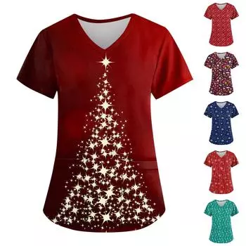 Рождественский женский модный повседневный рождественский топ с v-образным вырезом и принтом, защитный рабочий костюм M