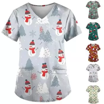 Рождественский женский модный повседневный рождественский топ с v-образным вырезом и принтом, защитный рабочий костюм L бежевый