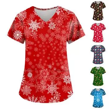 Рождественский женский модный повседневный рождественский топ с v-образным вырезом и принтом, защитный рабочий костюм L