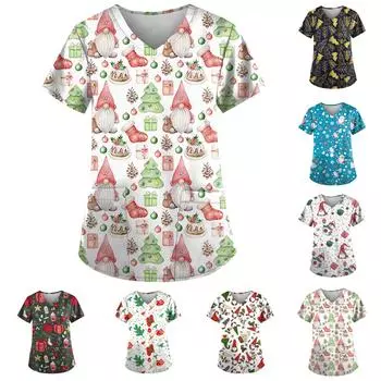 Рождественский женский модный повседневный рождественский топ с v-образным вырезом и принтом, защитный рабочий костюм XXXXXL
