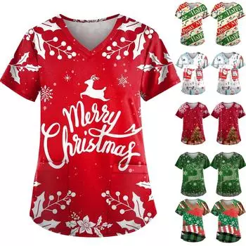 Рождественский женский модный повседневный рождественский топ с v-образным вырезом и принтом, защитный рабочий костюм XXXL зелёный