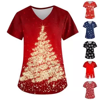 Рождественский женский модный повседневный рождественский топ с v-образным вырезом и принтом, защитный рабочий костюм XXXXXL винный