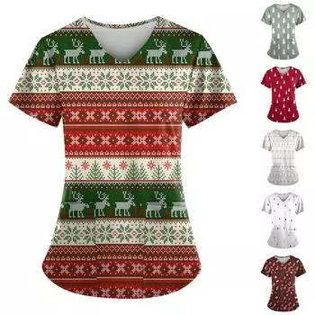 Рождественский женский модный повседневный топ с v-образным вырезом и принтом, защитный рабочий костюм L бежевый