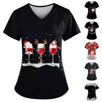 Рождественский женский модный повседневный топ с v-образным вырезом и принтом, защитный рабочий костюм L красный