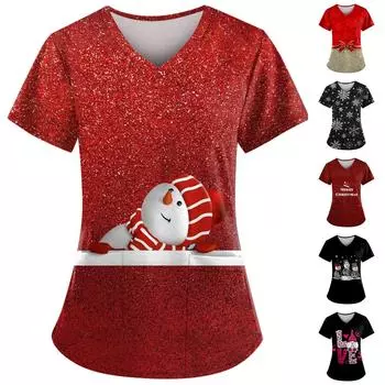 Рождественский женский модный повседневный топ с v-образным вырезом и принтом, защитный рабочий костюм L чёрный