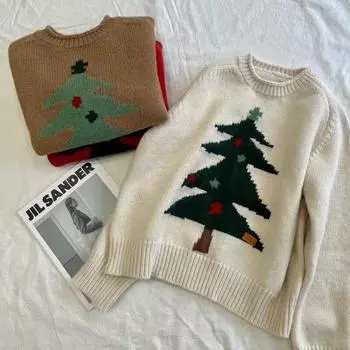 Рождественский женский свитер, милый жаккардовый женский свитер с рождественской елкой, новый осенне-зимний пуловер с круглым вырезом и длинными рукавами one size бежевый