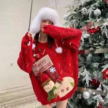 Рождественский женский свитер со снеговиком и рисунком 2025 года, новый женский трикотаж, осенне-зимний круглый вырез, 3D декоративный пуловер XL красный