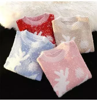 Рождественский женский свитер в Корейском стиле с изображением лося и снежинки, вязаные топы большого размера, женские вязаные свитера больших размеров One Size красный