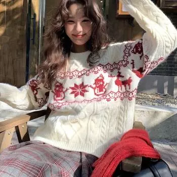 Рождественский женский свитер, винтажный клетчатый женский трикотаж, осенне-зимний свободный пуловер с круглым вырезом и длинными рукавами S тёмно-синий