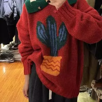 Рождественский женский вязаный свитер с длинными рукавами и круглым вырезом с рисунком кактуса, женский пуловер, повседневный топ на осень/зиму One Size
