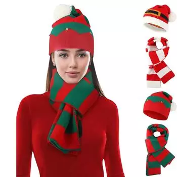 Рождественский зимний комплект из двух предметов для взрослых мужчин и женщин из толстого бархата, вязаная шапка и шарф One Size
