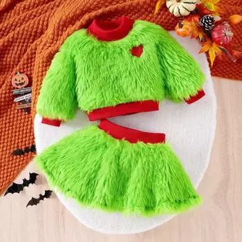 Рождественский зимний костюм для девочек с высоким воротником и сердечком, короткая юбка, костюм из двух частей 12M зелёный