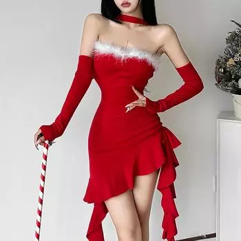 Рождественский зимний женский сексуальный комплект Spice Girl с бретелькой через шею и нерегулярными длинными рукавами S красный