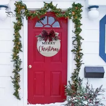 Рождественский знак приветствия, украшение для входной двери фермерского дома, большой клетчатый бант, круглый деревянный кулон, веселая рождественская надпись, украшение на дверь, рождество красный