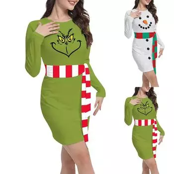 Рождественское европейское и американское платье с длинными рукавами, зеленая юбка с принтом снеговика, женская одежда L зелёный