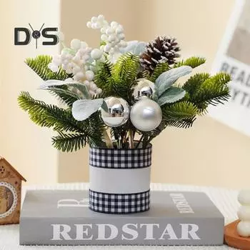 Рождественское имитация комнатного растения, искусственная мини-настольная рождественская елка, поддельный цветочный горшок с ягодной шишкой для украшения домашнего офиса белый/красный