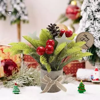 Рождественское имитация комнатного растения, искусственная мини-настольная рождественская елка, поддельный цветочный горшок с ягодной шишкой для украшения домашнего офиса белый/красный