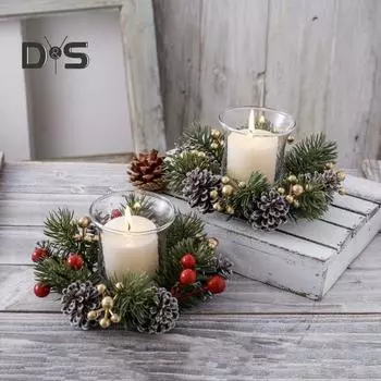 Рождественское кольцо со свечами, искусственная гирлянда из сосновых иголок и ягод, праздничный венок из свечей для домашнего стола, центральное украшение для декора золотистый