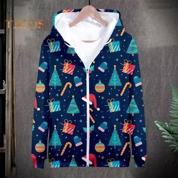 Рождественское пальто с капюшоном и длинными рукавами 3D Рождественская тематическая куртка с карманами для мужчин и женщин для отдыха на открытом воздухе спортивная куртка пальто M