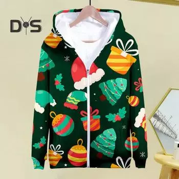 Рождественское пальто с капюшоном и длинными рукавами 3D Рождественская тематическая куртка с карманами для мужчин и женщин для отдыха на открытом воздухе спортивная куртка пальто L