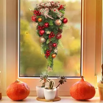 Рождественское перевернутое елочное украшение, рождественская подвесная дверь, искусственная ротанговая елка, рождественский гирлянда для украшения витрин магазинов и торговых центров красный
