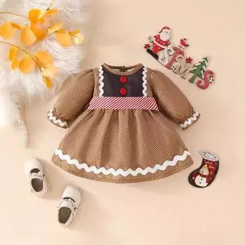 Рождественское платье А-силуэта с длинными рукавами и принтом пряничного человечка для девочек с поясом 3-4 Years