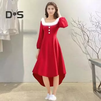 Рождественское платье для выступлений, пышное, с квадратным вырезом, однотонное, трапециевидное, с неровным подолом, декором из пуговиц, праздничное сценическое шоу, костюм Санты для косплея, новогодняя вечеринка S красный