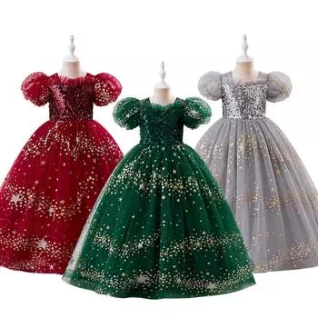 Рождественское платье принцессы для девочек-цветочниц для свадеб, летнее детское вечернее платье с бантом, длинное платье для школьных вечеринок, детская новогодняя одежда 130 зелёный