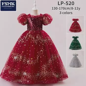 Рождественское платье принцессы с пайетками и рукавами-фонариками для девочек — праздничный наряд для средних и больших размеров. 11Y=160CM темно-зеленого