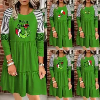 Рождественское платье с длинным рукавом, вечернее платье с мультяшным принтом, женское повседневное свободное платье XL