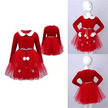 Рождественское платье с кукольным воротником для маленьких девочек, вечерние юбки принцессы с длинными рукавами и бантом для дня рождения, платье для девочек 3-4 Years красный