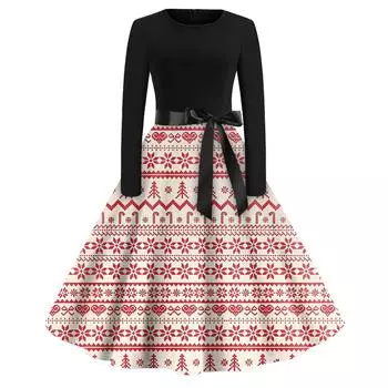 Рождественское платье с расклешенным принтом для женщин, платье с круглым вырезом и длинными рукавами, повседневные платья L бежевый