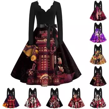 Рождественское платье с расклешенным принтом для женщин, платье с V-образным вырезом и длинными рукавами, повседневные платья L чёрный