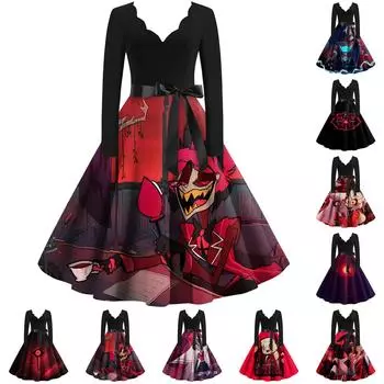 Рождественское платье с расклешенным принтом для женщин, платье с V-образным вырезом и длинными рукавами, повседневные платья XXXXXL