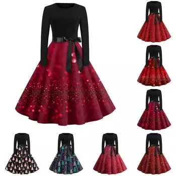Рождественское платье с расклешенным принтом для женщин, платье с круглым вырезом и длинными рукавами, повседневные платья XXXXL