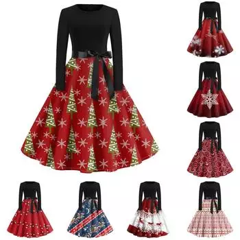 Рождественское платье с расклешенным принтом для женщин, платье с круглым вырезом и длинными рукавами, повседневные платья XXL