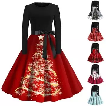 Рождественское платье с расклешенным принтом для женщин, платье с круглым вырезом и длинными рукавами, повседневные платья XXL красный