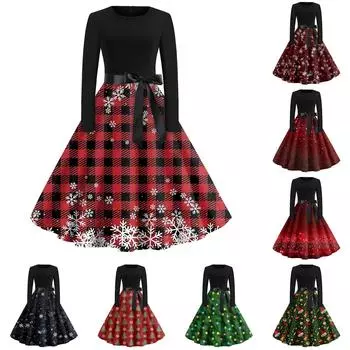 Рождественское платье с расклешенным принтом для женщин, платье с круглым вырезом и длинными рукавами, повседневные платья M