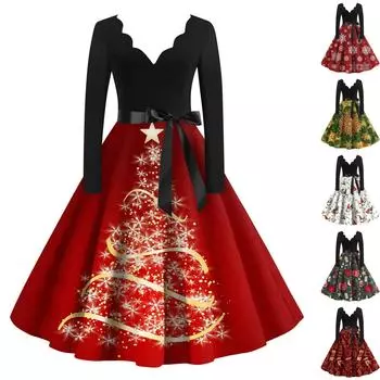 Рождественское платье с расклешенным принтом для женщин, платье с V-образным вырезом и длинными рукавами, повседневные платья M красный