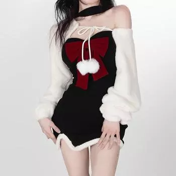 Рождественское платье, женское платье из двух предметов, зимнее сексуальное вечерние винтажное лоскутное платье без бретелек с бантом, укороченный топ на шнуровке, милый костюм S