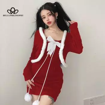 Рождественское плюшевое вязаное пальто, блузка + платье на подтяжках, женское платье из двух частей с бантом на бретельках S чёрный