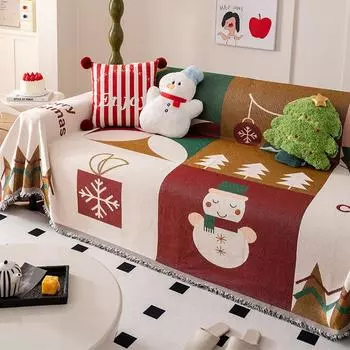 Рождественское полотенце для дивана, винтажное рождественское украшение, красно-зеленая клетчатая многофункциональная накидка с кисточками, полотенце для 3-местного дивана, подушка для сидения 180x130