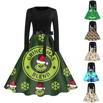 Рождественское расклешенное платье для женщин, платье с длинным рукавом, вечерние повседневные платья XXL