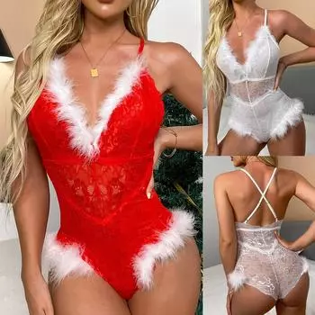 Рождественское сексуальное красное женское белье с v-образным вырезом и открытой спиной, комбинезон, боди, пижамы, одежда для сна для женщин S