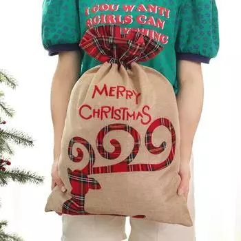 Рождественское украшение, цветочная клетчатая нашивка, вышитый снеговик, олень, большая тканевая сумка, детская праздничная подарочная сумка, сумка для конфет