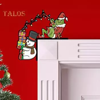 Рождественское украшение на деревянную дверную раму Санта-Клаус с зелеными волосами, эльфом, лосем, снеговиком, вывеской на левый и правый угол двери, украшением на переднюю дверь J