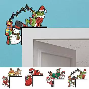 Рождественское украшение на деревянную дверную раму Санта-Клаус с зелеными волосами, эльфом, лосем, снеговиком, вывеской на левый и правый угол двери, украшением на переднюю дверь