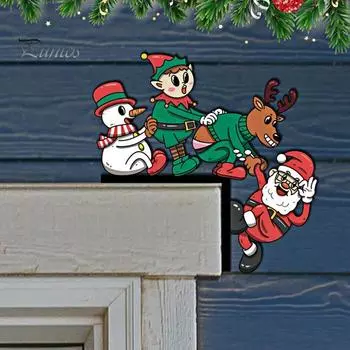 Рождественское украшение на деревянную дверную раму Санта-Клаус с зелеными волосами, эльфом, лосем, снеговиком, вывеской на левый и правый угол двери, украшением на переднюю дверь H