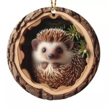 Рождественское украшение в виде животного, деревенское 2D акриловое подвесное украшение, круглое украшение в виде лесного животного для праздничного декора на елку, подарок любителям животных Hedgedog