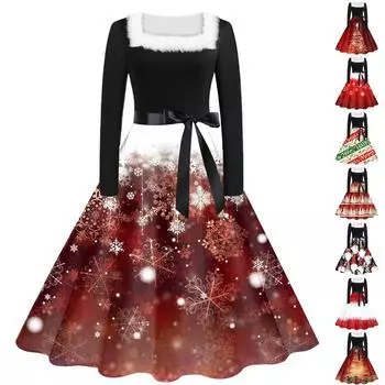 Рождественское женское повседневное и модное платье с длинными рукавами и квадратным вырезом, с принтом и застежкой-молнией XL винный